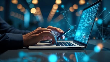 Hands typing on a laptop keyboard with digital network graphics overlay, symbolizing global connectivity, data technology, and modern communication.