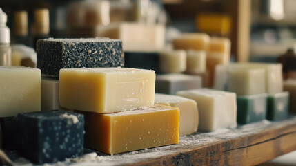 Ultra-realistic close-up of handmade soaps and natural cleaning products, crafted using