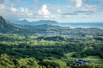 A Panoramic aerial image from the Pali Lookout on the island of Oahu in Hawaii.