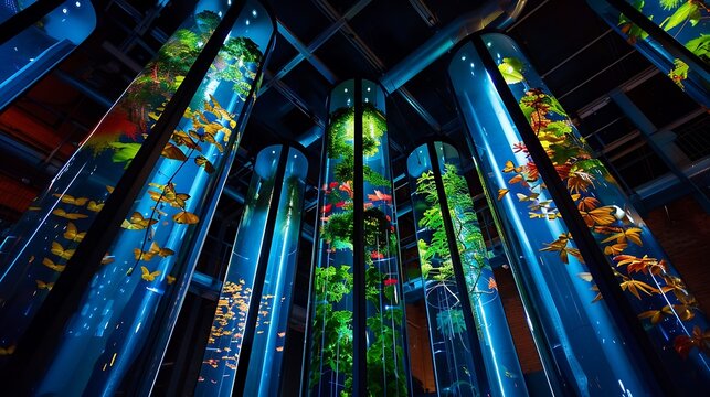 A repurposed nuclear cooling tower transformed into a vibrant butterfly vivarium, blending industrial history with nature, 
