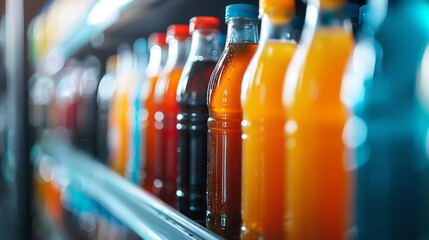 A close-up of a variety of colorful beverages in a refrigerated display