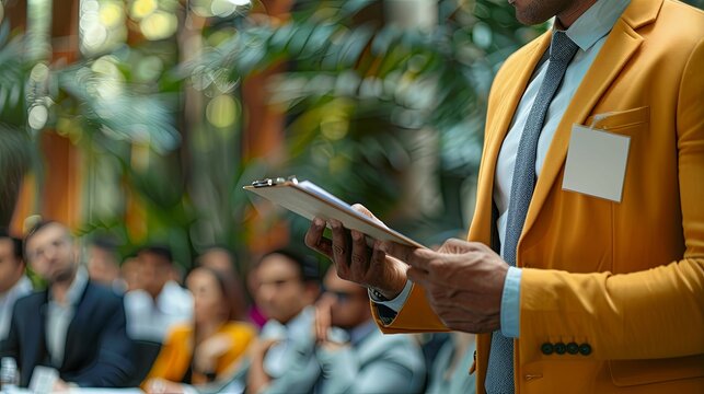 Man in Yellow Suit Holding Clipboard in Front of Blurred Audience