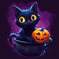 Black Cat with Pumpkin in Cauldron for Halloween