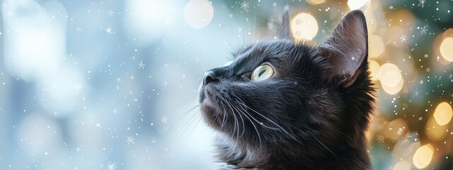  A tight shot of a black cat gazing at the night sky, surrounded by numerous lights behind