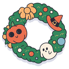 Halloween spooky door wreath vector cartoon illustration isolated on a white background.