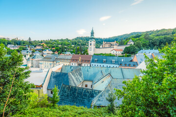 Romantic  scenery of main square in Banska Stiavnica, UNESCO, Slovakia. Old Slovakia mining town...