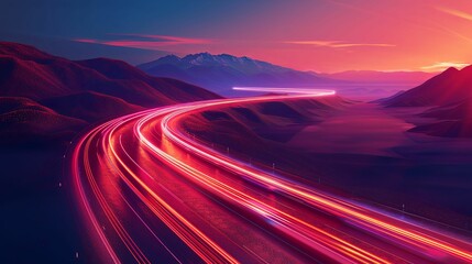 Mountain Road at Sunset with Bright Headlights