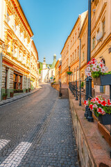 Obraz premium Romantic scenery of main square in Banska Stiavnica, UNESCO, Slovakia. Old Slovakia mining town with castle in Banska Stiavnica.