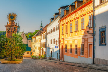Romantic  scenery of main square in Banska Stiavnica, UNESCO, Slovakia. Old Slovakia mining town with castle in Banska Stiavnica.