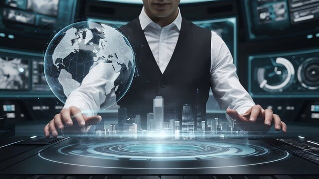 Futuristic business concept with holographic interface and digital network connection. Professional in a suit interacting with virtual technology, symbolizing innovation and modernity.