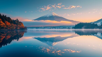 Mount Fuji Reflecting in a Calm Lake at Sunrise