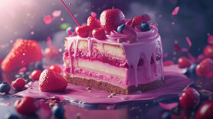 A slice of pink cake with raspberries on top. The cake is cut in half and placed on a plate. The...