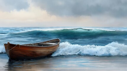 Watercolor seascape with boats and waves