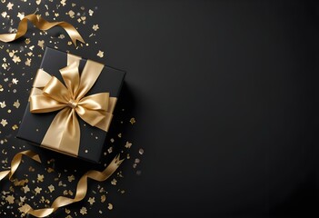 A black gift box with a gold ribbon and bow, surrounded by scattered gold confetti on a dark background.