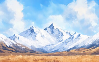 Fototapeta premium A stunning landscape featuring majestic snow-capped mountains beneath a bright blue sky, perfect for nature lovers.