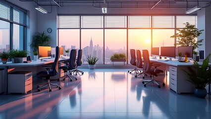Modern office interior with rows of desks, computer monitors, and potted plants. Large windows provide natural light, creating a bright and ergonomic workspace ideal for productivity and comfort.