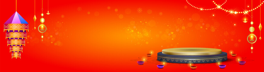 Diwali festive banner design with podium luxury golden floral decorative lights, lanterns sparkle and red vibrant background.