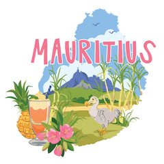Mauritius map and famous landmarks of the island in flat style. Vector sugar cane, Mount Peter, Dodo endemic extinct bird, Mauritius trochetia boutoniana Flowers, pineapple, falooda cocktail. © Tata Pilip