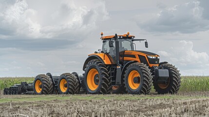 Obraz premium Orange and black tractor plowing a field under a cloudy sky in agricultural landscape