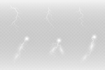 Realistic lightning flash effect, thunderstorm and lightning. Shining white lightning isolated on transparent background, natural phenomenon png.