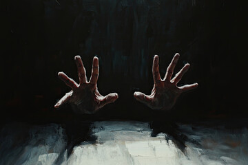 Outstretched Hands Emerging from Darkness in a Dramatic Shadowed Scene