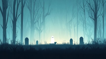 Eerie Minimalist Halloween Illustration with Ghost, Coffin, and Tombstones in Foggy Background &acirc;&euro;&ldquo; Spooky Design with Clean Lines and Stark Contrasts for Text Space