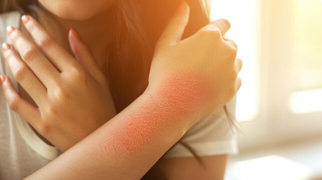 Dermatology, young woman allergy, allergic reaction from atopic, insect bites on her arm, hand in scratching itchy, itch red spot or rash of skin. Healthcare, treatment of beauty.