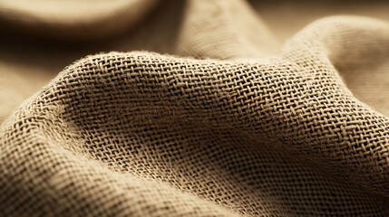 Golden Waves of Texture: Close-up on the intricate weave of natural burlap fabric, bathed in warm light. 