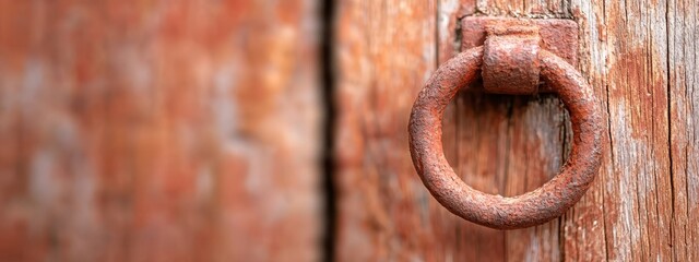  A tight shot of a weathered metal ring embedded in a wooden door, accompanied by its matching, worn counterpart on the exterior