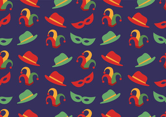 Purim carnival and festival seamless pattern on a blue background. For cards, frames, posters, book covers, textiles, wallpaper, wrapping and fabric.