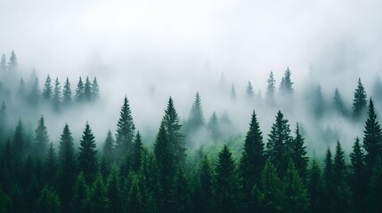 Fototapeta premium A dense forest with foggy trees. The misty atmosphere creates a sense of mystery and tranquility, as the trees are shrouded in a veil of fog. The scene evokes a feeling of calmness and serenity