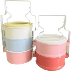 Pastel-colored lunch boxes, vintage and minimal style.