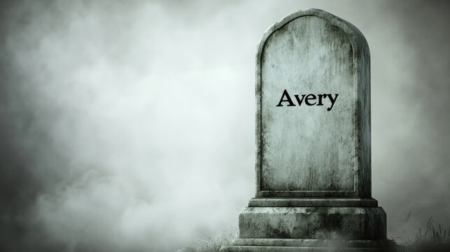 Weathered Tombstone with 'Avery' Inscription in a Foggy Cemetery