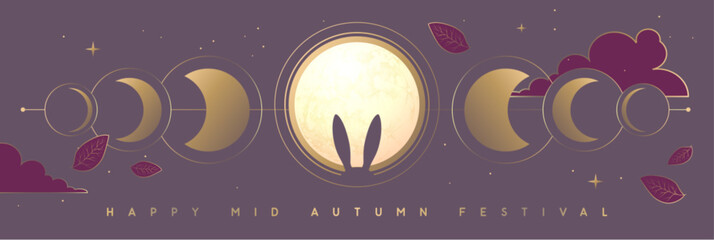 Mid-autumn festival banner with full moon, moon phases and rabbit ears. Vector illustration © annbozhko