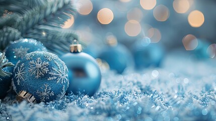 Blue Christmas Ornaments with Snowflake Designs Resting on White Tinsel with a Blurred Background of Lights