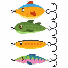 Fototapeta premium Fishing lures vector cartoon set isolated on a white background.
