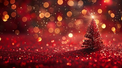 Christmas Tree on Red Glittering Background with Bokeh Lights
