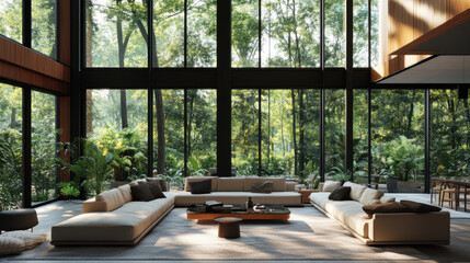 Fototapeta premium Ultra-realistic modern living room with double-height ceilings, large windows showcasing