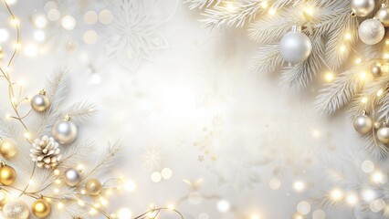 Festive Christmas tree branches with golden decorations and lights on a blurred background for holiday celebration concept