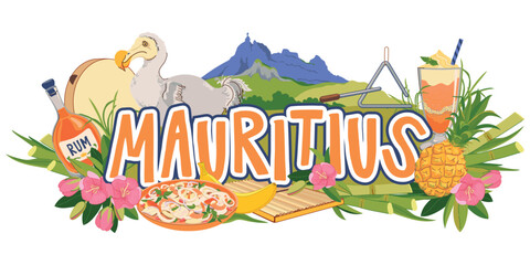 Mauritius emblem, island landmarks in flat style. Vector sugar cane, Mount Peter, endemic bird Dodo, flowers Trochezia boutoniana, pineapple, falooda, millionaire salad, musical instruments Sega. © Tata Pilip