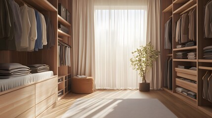 A bedroom with a minimalist wardrobe featuring perfectly folded clothes, natural light filtering through sheer curtains, modern and serene design, a mood of tranquility and order