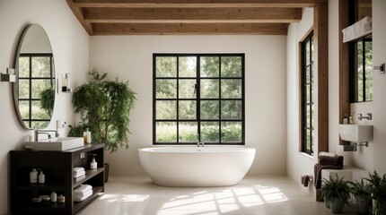 Fototapeta premium Modern Bathroom Luxurious Comfort with Large Window Natural Greenery View 
