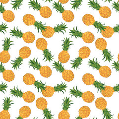 Vector seamless pattern with pineapples on white background. Perfect for Hawaiian style textile print, summer party design, juice packaging. Tropical fruits in flat style.
