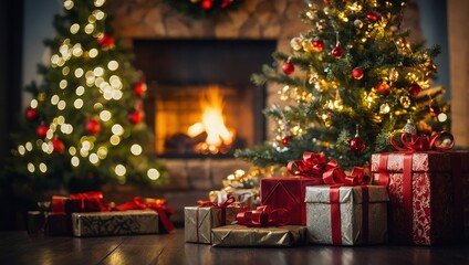 Christmas tree and holidays present on fireplace background
