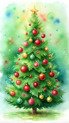 Watercolor Christmas tree with colorful ornaments on a soft background for holiday celebration concept