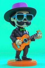 Skeleton Musician with Guitar in a Suit and Sunglasses