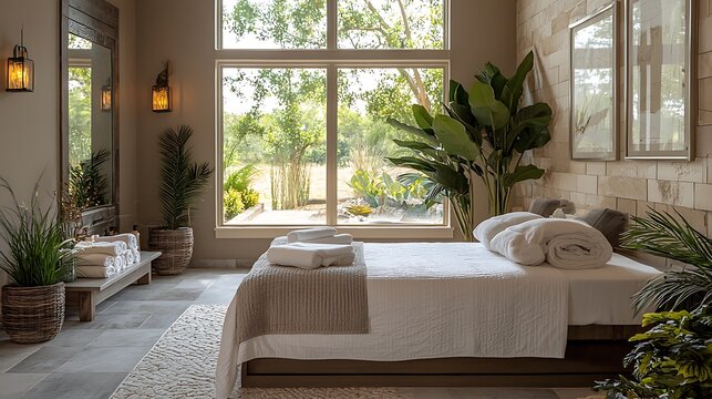 A contemporary bedroom with large windows and pristine white bedding.