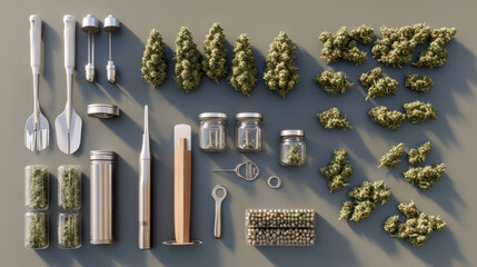 Fototapeta na wymiar Ultra-realistic display of various cannabis strains and paraphernalia, impeccable quality