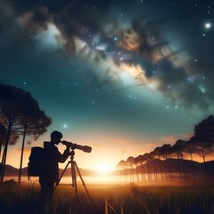 Fototapeta premium A silhouette of an individual observing the Milky Way with a telescope, standing in a field surrounded by trees.