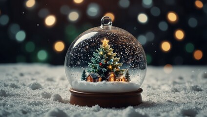 Christmas tree in glass ball on snow. Glitter lights